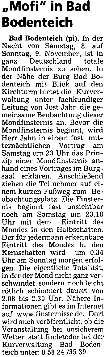 Ankündigung der Mondfinsternis am 2. November 2003