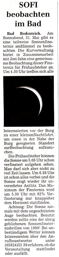 Ankündigung der Sonnenfinsternis am 31. Mai 2003