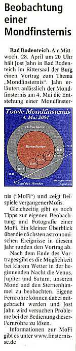 Ankündigung der Mondfinsternis am 4. Mai 2004