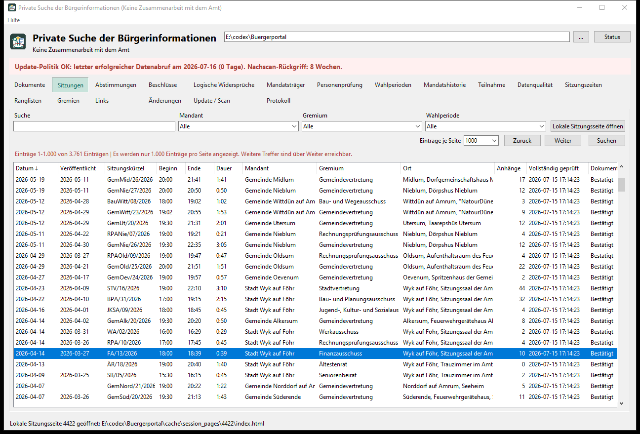 Die Windows-Anwendung mit Dokumentensuche, Filtern und lokaler Ergebnisliste