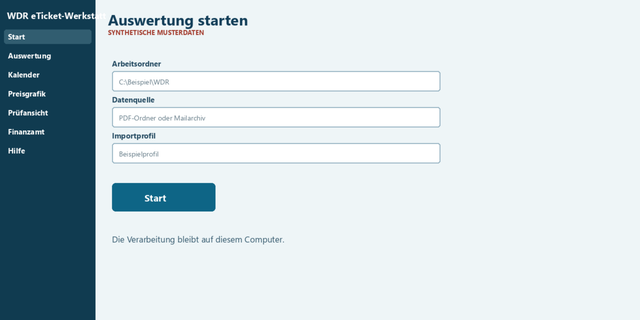 Schematische Startansicht mit Quellenwahl, Arbeitsordner und Startschaltfläche