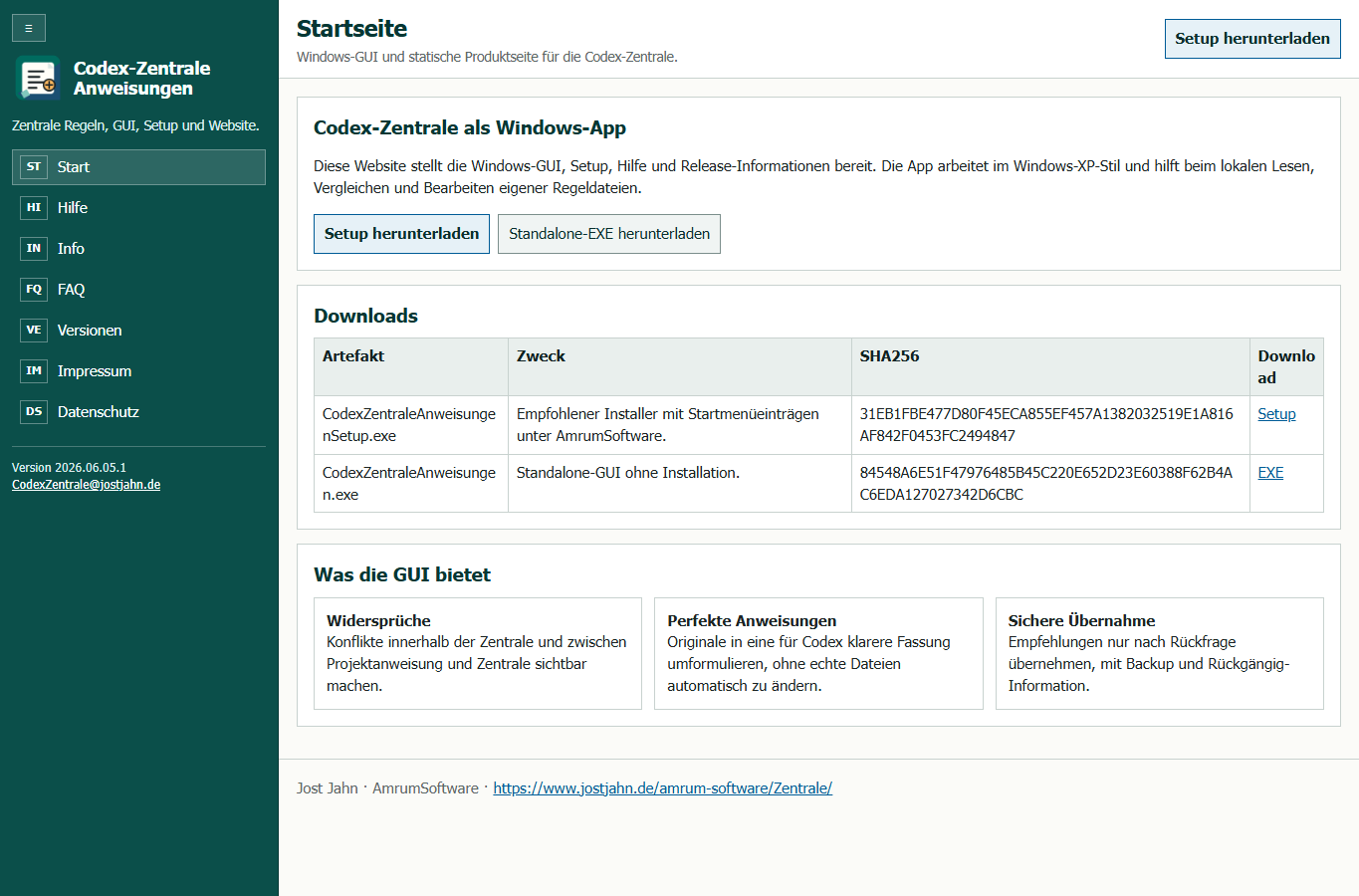 Screenshot: Codex-Zentrale Anweisungen