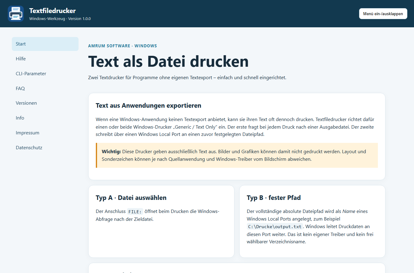 Screenshot: Text als Datei drucken · Textfiledrucker