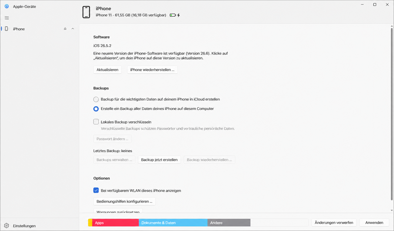 Apple-Geräte: Auswahl Backup aller Daten auf diesem Computer und nicht aktivierte lokale Verschlüsselung