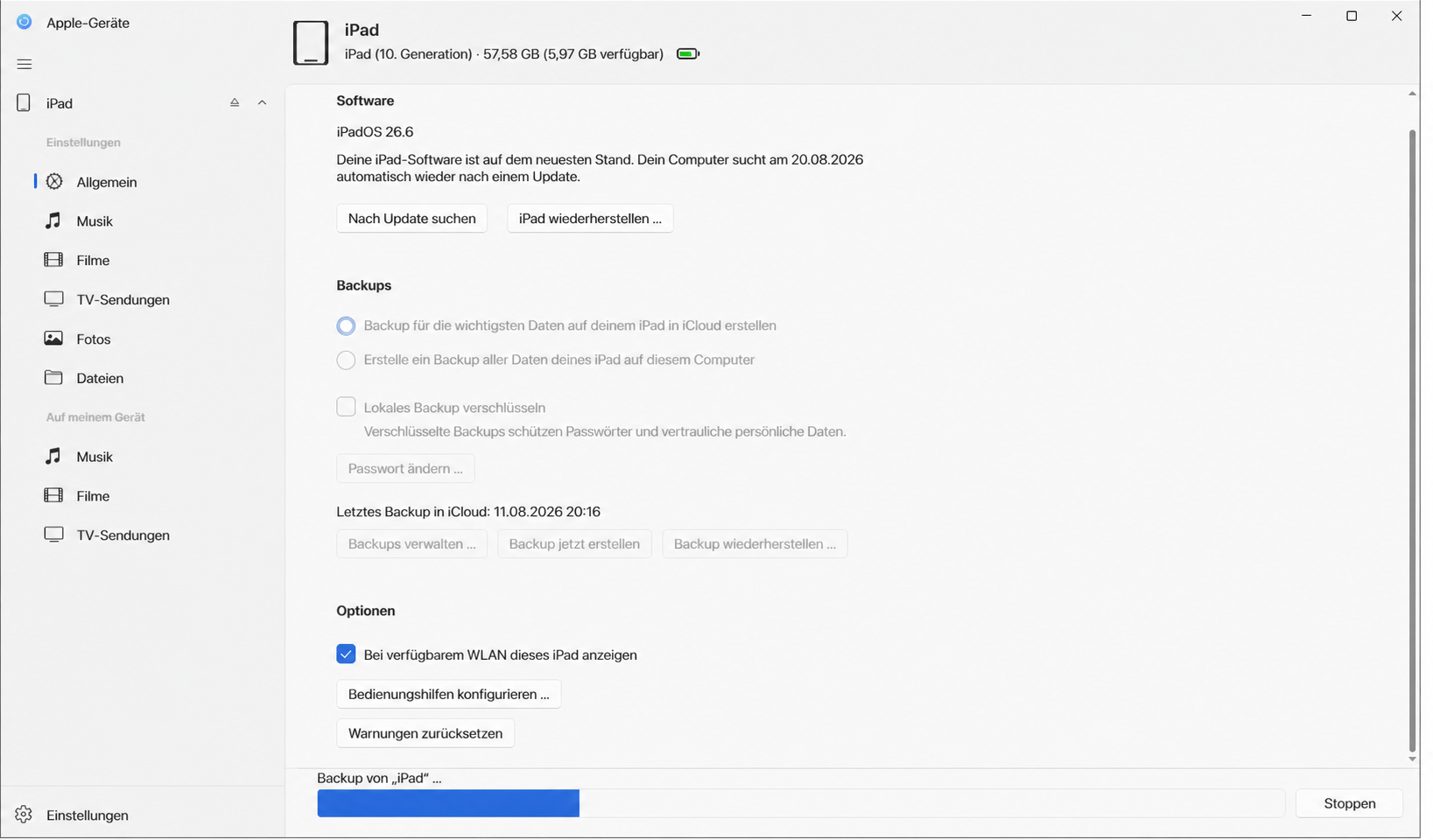 Apple-Geräte unter Windows während der eigentlichen Backup-Phase mit blauem Fortschrittsbalken