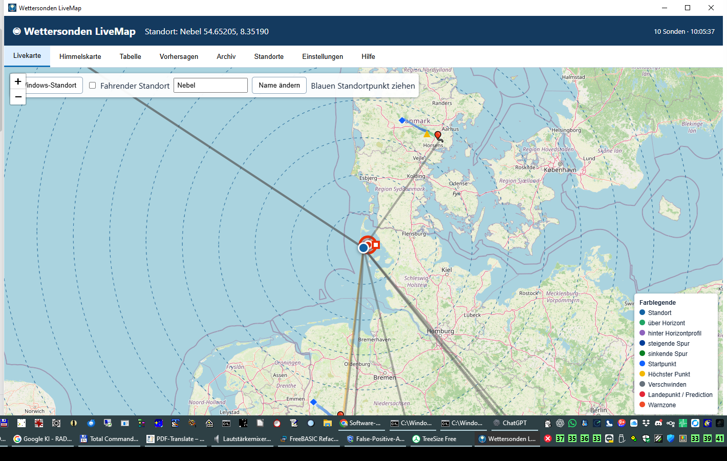 Livekarte der Wettersonden LiveMap mit Sonden, Spuren und Kartenlegende